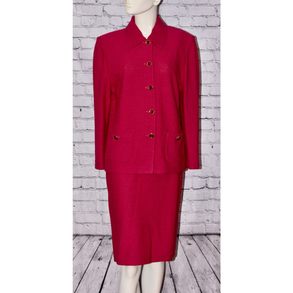 ST. JOHN KNIT Fuchsia Pink Long Sleeve Jacket Skirt SET Size 10 NWT - Picture 1 of 7